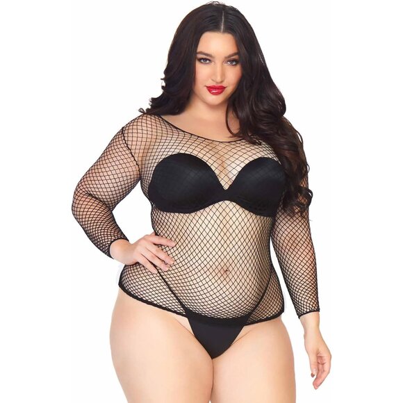 Women's Long Sleeve Fishnet Shirt Black Plus Size Sexy Layering Casual - Picture 1 of 5